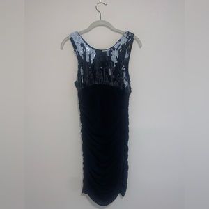 Black & sequined, ruched body-com A+O cocktail dress